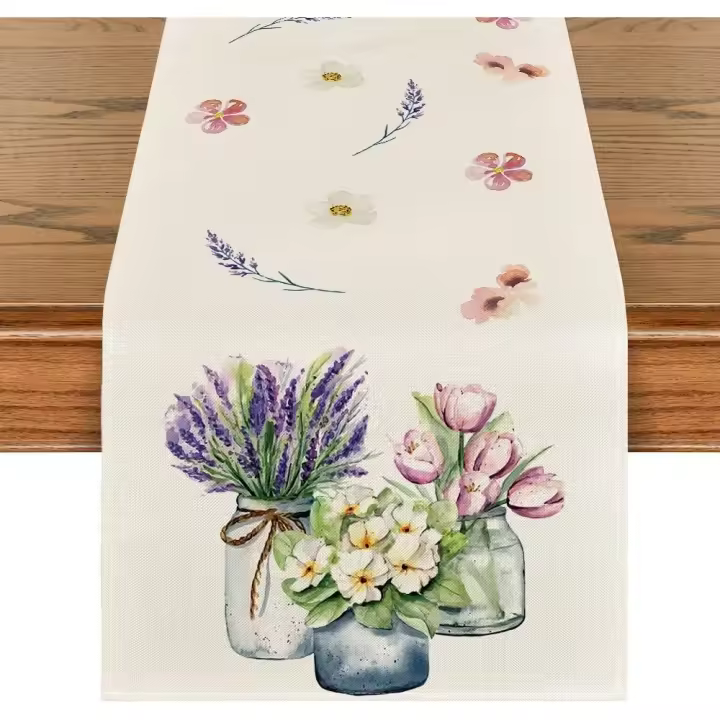 Camino de mesa con flores en forma de jarrón, tulipán, lavanda, primavera, decoración de mesa de comedor de cocina de verano de temporada, decoración de fiesta navideña, 40 x 140 cm - 1