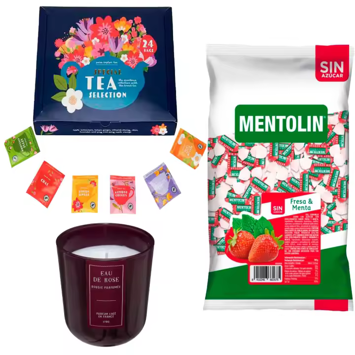 Pack surtido: MENTOLIN FRESA MENTA S/A BOLSA 1KG + Vela perfumada rosa de silicona 170 g + Set de Te con 24 bolsitas con diferentes sabores y aromas - 1