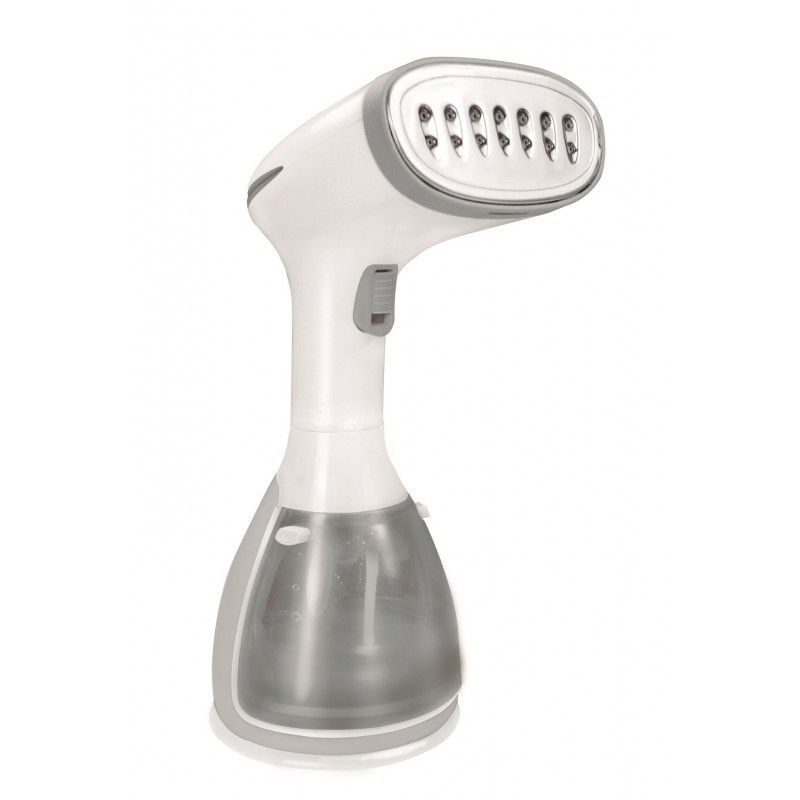 Plancha de vapor vertical Jocca con mango ergonómico para eliminar arrugas, desinfectar y desodorizar la ropa. 1500W de potencia, sistema anti goteo, calienta en 45 segundos, capacidad de 280 ml, pesa solo 1kg y viene con accesorios