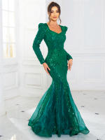 Vestido De Noche Maxi Con Encaje Y Lentejuelas Fishtail Elegante De Organza Patchwork Con Manga Larga V-Neck Verde Azul Formal Para Mujer - details 4