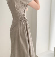 Vestido Largo De Algodón Y Lino Para Mujer Estilo Retro Vintage Con Manga Corta Diseño Sólido A-Line Cuello V Moda De Oficina - details 37