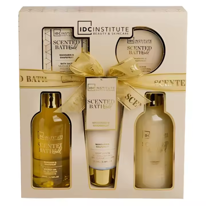 Set Oro Regalo IDC Institute – Lujoso Kit de Cuidado Personal en Elegante Caja Dorada: Loción Corporal, Baño de Burbujas, Gel de Ducha, Sales y Exfoliante - 1
