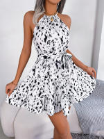 Vestido Casual De Verano Para Mujer Con Estampado De Leopardo Y Volantes Sin Mangas Estilo Halter Vestido De Playa A-Line - details 13