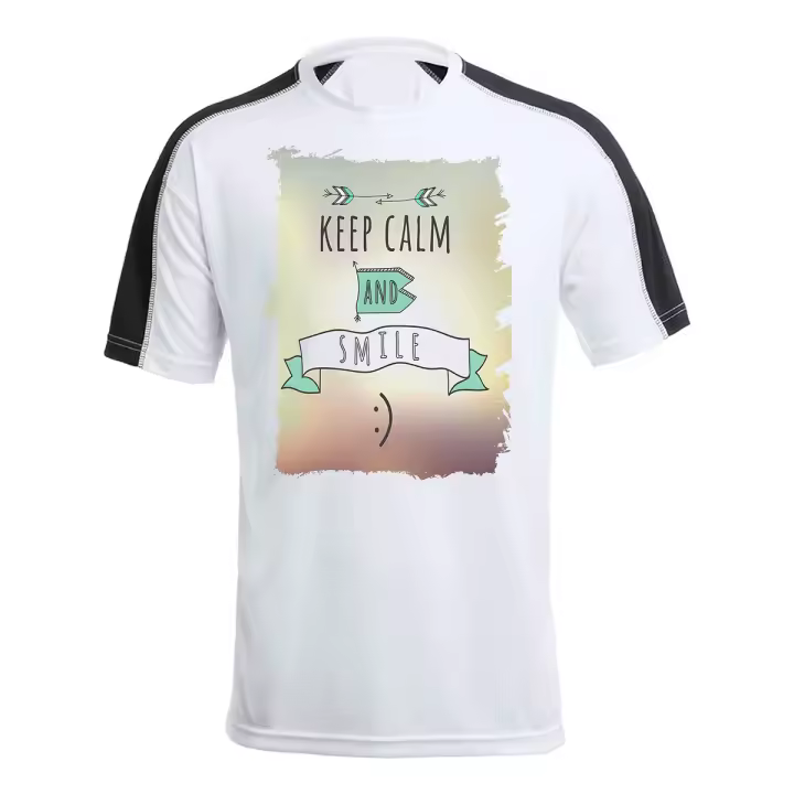MERCHANDMANIA CAMISETA TÉCNICA FRANJA MANGAS NEGRA calmate y sonrie keep calm and smile frase graciosa tshirt - 1