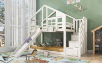 Cama Infantil Treehouse 90x200 cm, Litera Infantil, construcción de Ventana con tobogán y Protección Contra Caídas, Blanco, incluido. Pizarra - 2 somieres (colchón no incluido) - details 7