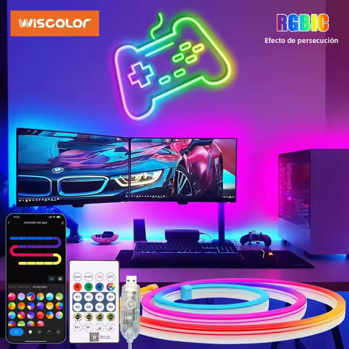 Tiras LED Neon RGBIC Wiscolor 5V USB Silicone IP67 Impermeable Con Control Remoto 1M 2M 3M 5M Para Decoración De Habitaciones Y Exteriores - 1
