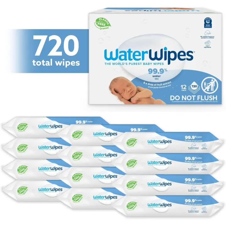 WaterWipes - Toallitas húmedas Originales sin plástico para bebés, 720 UNIDADES , 12 PAQUETES  X 60 UND.formuladas con un 99,9 % de agua y sin perfume, ideales para pieles sensibles - 1