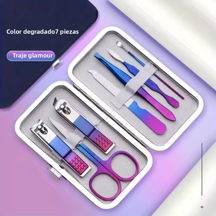 Juego De Uñas Gradient Azul-Rosa 7-15 Piezas Cortauñas De Alta Calidad Kit De Manicura Y Pedicura Con Herramientas De Acero Inoxidable En Estuche - 1