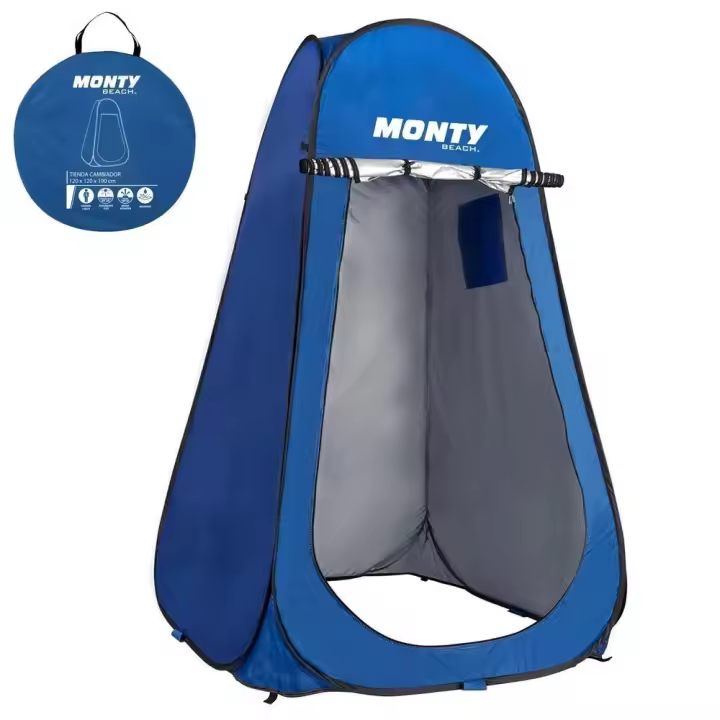 Tienda  cambiador playa, camping ducha 1 adulto, 120x190 cm, tienda  montaje Pop Up, bolsillo y puerta con cremallera doble, tejido Oxford azul, protección UPF+50 y waterproof, incluye 4 piquetas - 1