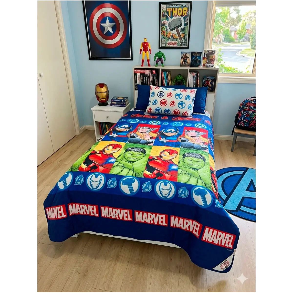 Colcha Verano Avengers Marvel 150x250 cm | Edredón Ligero Reversible | Cama 90/105
