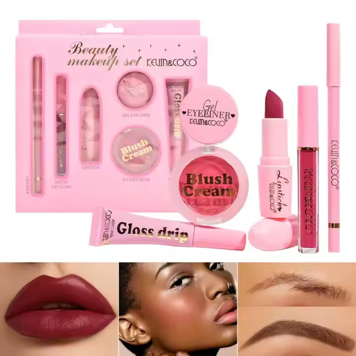 Set de Maquillaje Todo en Uno KEVIN & COCO,Delineador de Labios, Brillo Mate, Lápiz Labial, Delineador de Ojos en Gel, Colorete en Crema & Brillo de Labios Líquido. - 1