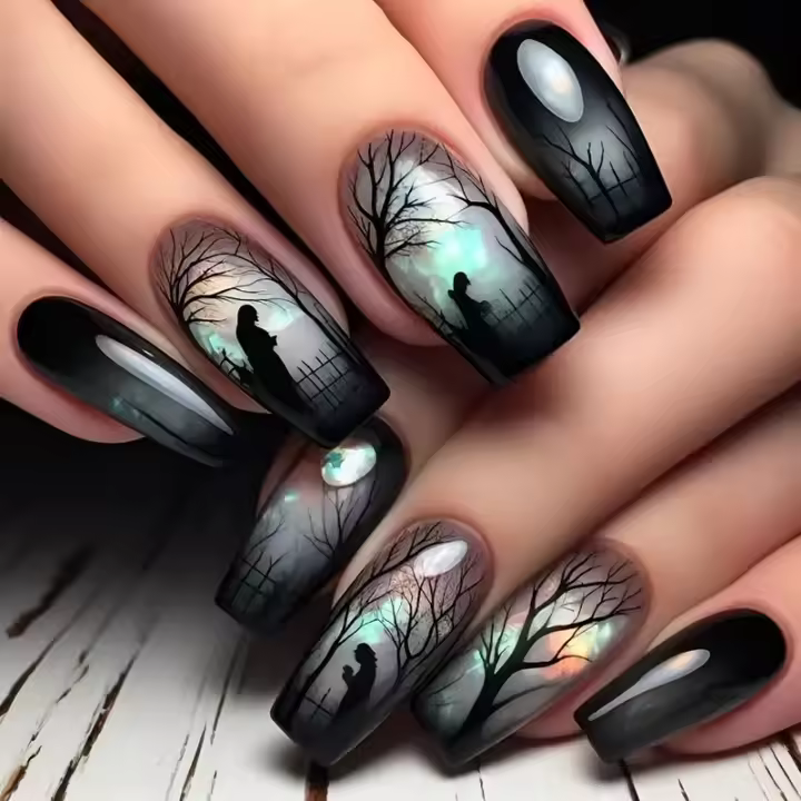 24 Piezas De Uñas Postizas Estilo Ballet Negro Con Siluetas De Árboles Misteriosas Y Luz Relámpago Accesorios De Belleza Para Manicura Press on - 1