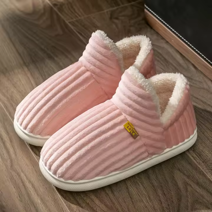 Zapatillas De Terciopelo Con Rayas Para Parejas Estilo Invierno Antideslizantes Y Cálidas Sandalias Casuales Para Hombres Y Mujeres Zapatos Suaves Para El Hogar - 1