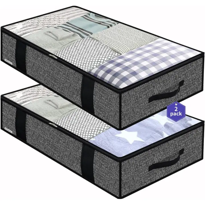 Juego de 2 Bolsa de Almacenamiento - para edredones Ropa Debajo de la Cama Bolsa de Almacenamiento con Cremallera y 4 Asas, Plegable, 100 x 50 x 15 cm, Negro Lino, DEXAUBBP2 - 1