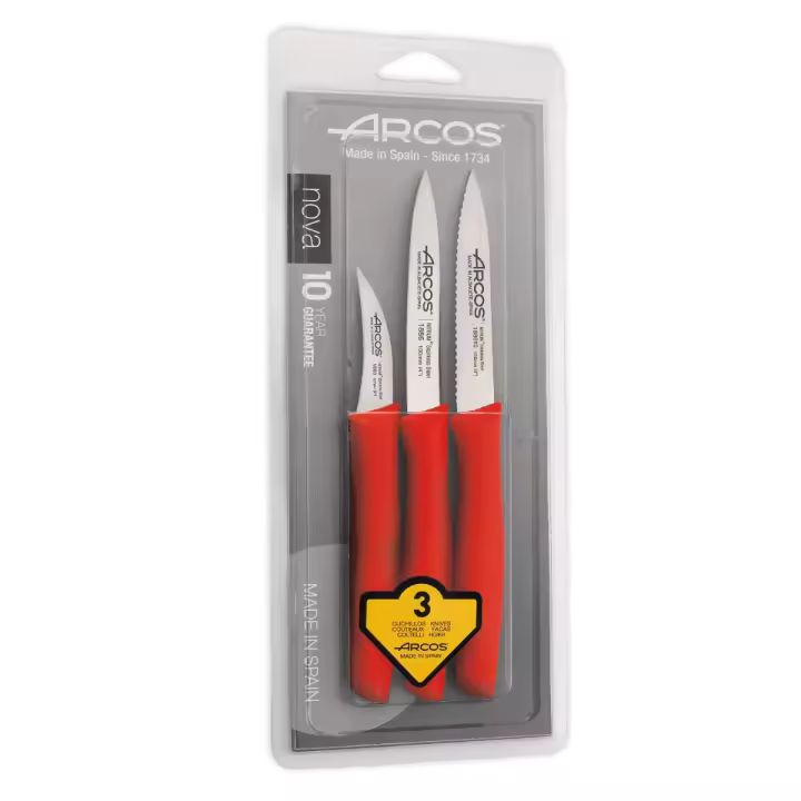 Arcos Set 3 Cuchillos Peladores. 3 Cuchillos Peladores Acero Inoxidable y Mango Ergonómico Polipropileno para Cortar Frutas, Verduras y Tubérculos. Serie Nova. Color Rojo. - 1