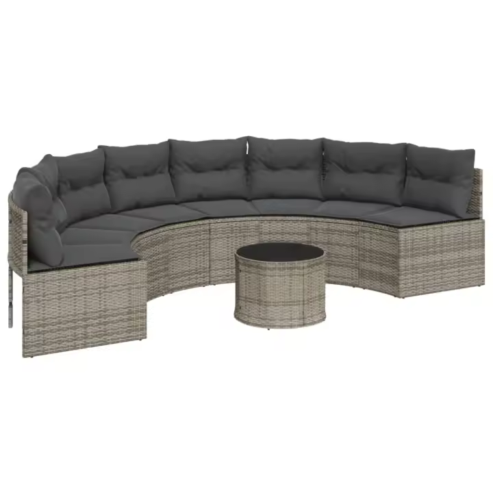 vidaXL Sofá de jardín semicircular con mesa y cojines ratán PE gris - 1