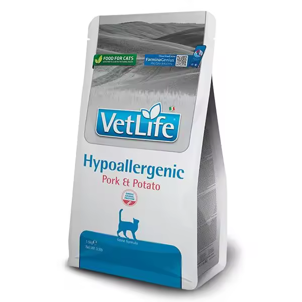 FARMINA VET LIFE CAT HYPOALLERGENIC CERDO ADULT 1,5KG / alimento dietético completo para gatos para la reducción de las intolerancias a los ingredientes y nutrientes; apoyo a la función de la piel en caso de dermatosis y pérdida excesiva de pelo - 1