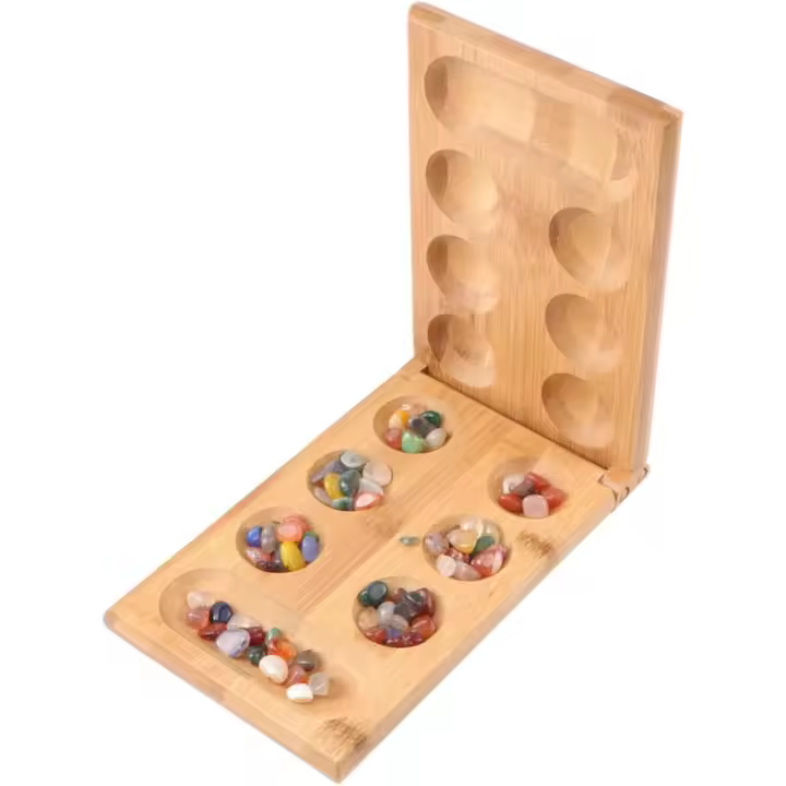 Juego de rompecabezas para pensar Mancala Juego de estrategia atemporal Divertido tablero de piedra Mancala Piedras Mancala Tablero Mancala Madera maciza Tablero de desarrollo temprano Mancala Juguete plegable África Madera - 1