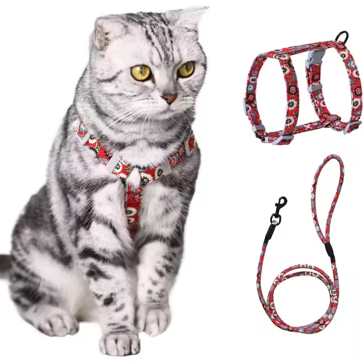 Arnés para Gatos with Correa, ajustable, para paseos al Aire Libre, Con TAPA DE Cierres, Diseño floral (S: Pecho 22-32 cm, Rojo) - 1