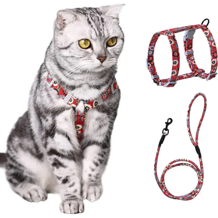 Arnés con Correa para Gatos, ajustable, para paseos al Aire Libre, Con TAPA DE Cierres, Diseño floral (M: Pecho 32-50 cm, Rojo) - 1
