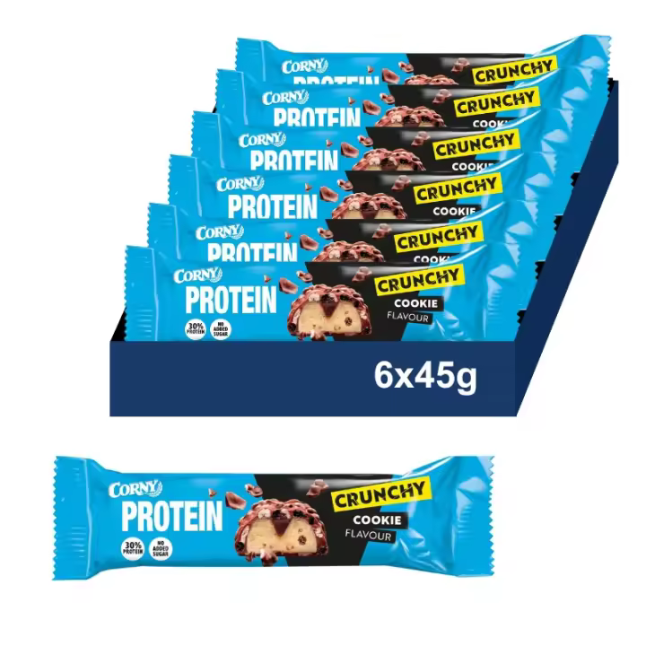 CORNY Protein Crunchy Barritas 30% Proteínas de Cookies. Sin Azúcares Añadidos. Pack 6x45gr - 1