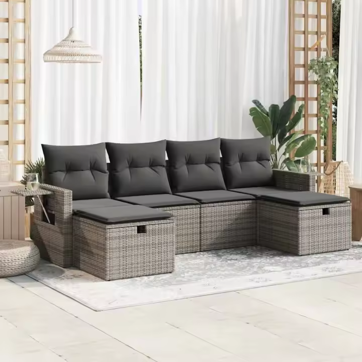 vidaXL Set de muebles de jardín 6 pzas y cojines ratán sintético gris - 1