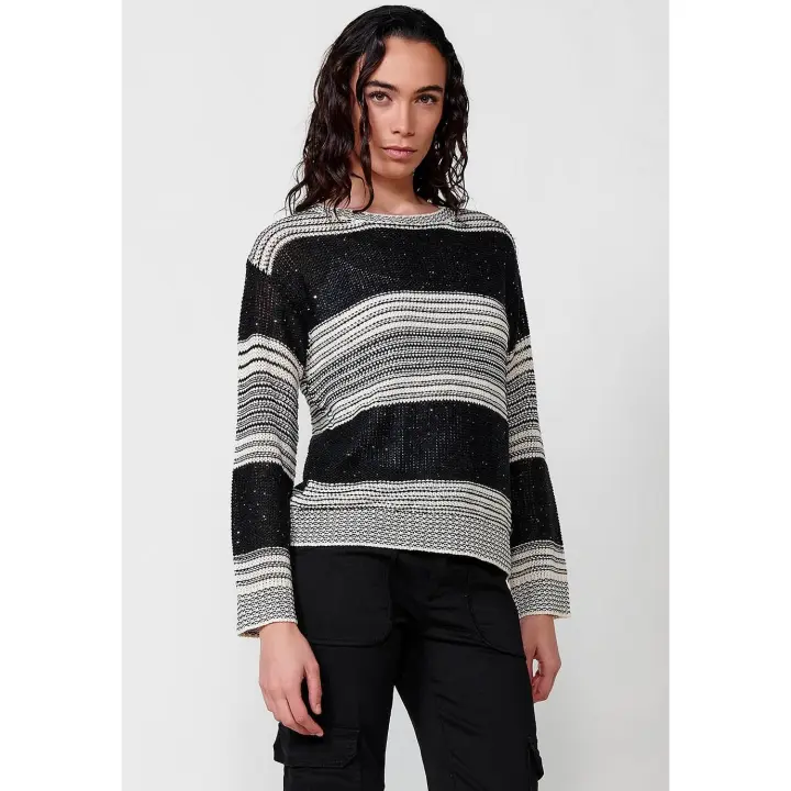 Koroshi Jersey tricot de manga larga con cuello redondo para mujer de color negro - 1