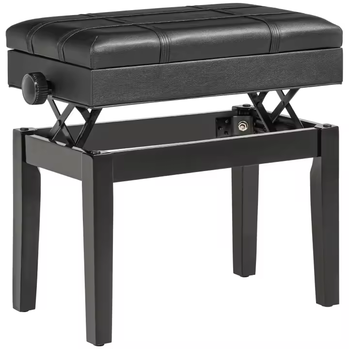 HOMCOM Banco para piano, taburete para piano de altura regulable con espacio de almacenamiento oculto, banco para piano con cojín de cuero, negro, 63 x 35 x 46-56 cm - 1