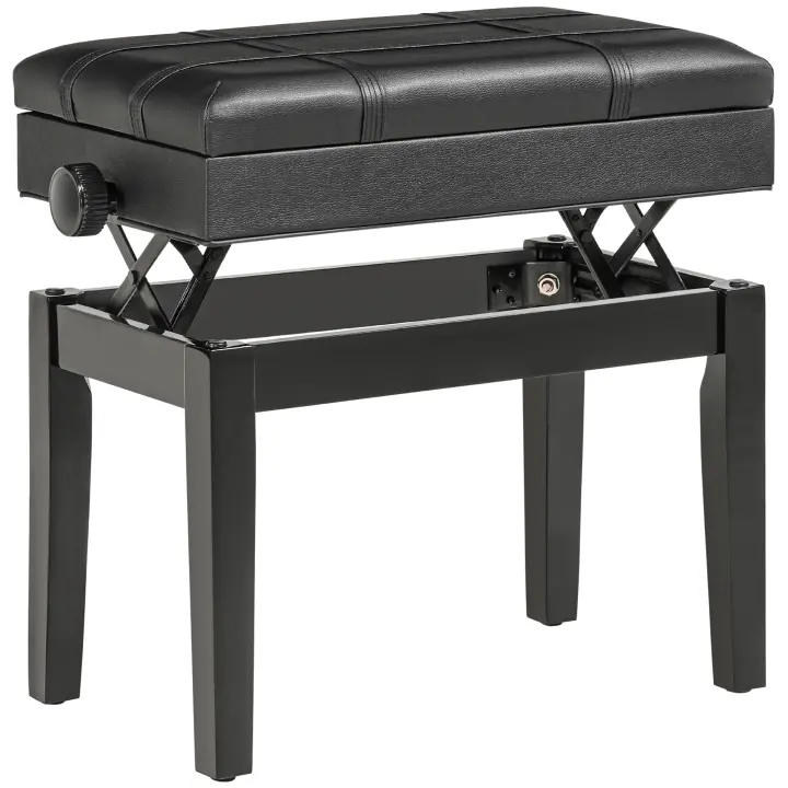 HOMCOM Banco para piano, taburete para piano de altura regulable con espacio de almacenamiento oculto, banco para piano con cojín de cuero, negro, 63 x 35 x 46-56 cm - 1