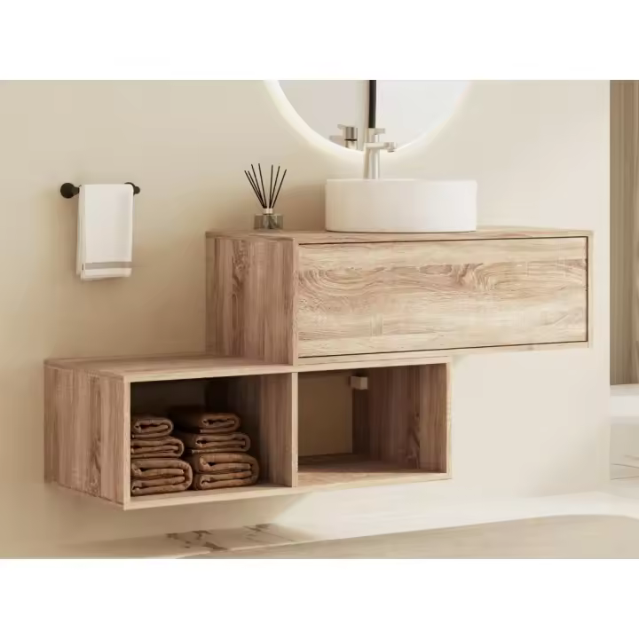 Vente-unique - Mueble de baño flotante de natural claro con lavabo redondo - 1 cajón y 2 estantes - 94 cm - TEANA II - 1