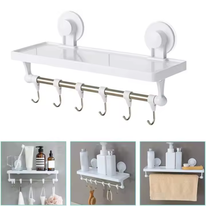 Estantes colgantes con ventosa toallero con estante blanco flotante con ganchos organizador de almacenamiento montado en la pared para ducha baño y cocina - 1