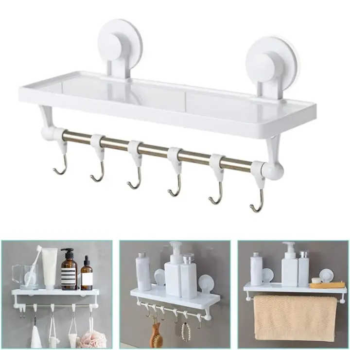 Estantes colgantes con ventosa toallero con estante blanco flotante con ganchos organizador de almacenamiento montado en la pared para ducha baño y cocina - 1