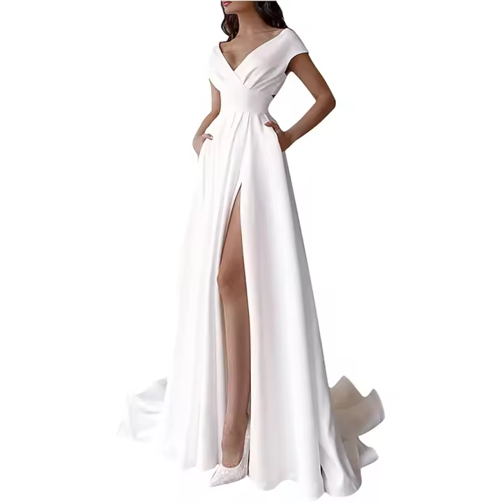 Vestido de noche Blanco para Mujer Vestido formal Largo de color lyso con apertura y cinturón Alto Vestido de Fiesta sin Mangas with escote en V SSITO - 1