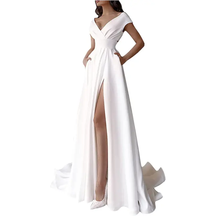 Vestido de noche Blanco para Mujer Vestido formal Largo de color lyso con apertura y cinturón Alto Vestido de Fiesta sin Mangas with escote en V SSITO - 1