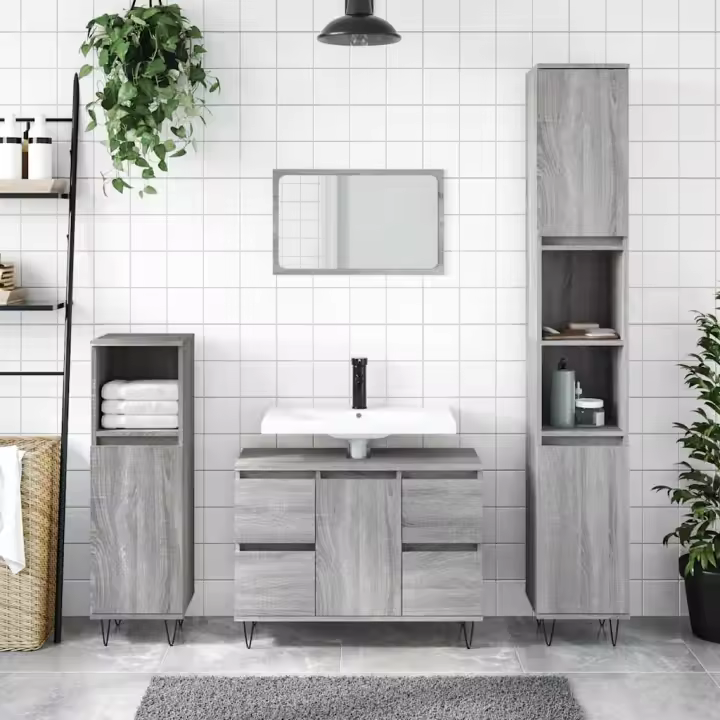 vidaXL Mueble de baño madera de ingeniería 80x33x60 cm en color Roble Sonoma/Madera antigua/Blanco y más | almacenamiento funcional diseño moderno para baño dormitorio sala - 1