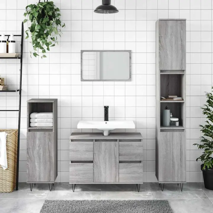 vidaXL Mueble de baño madera de ingeniería 80x33x60 cm en color Roble Sonoma/Madera antigua/Blanco y más | almacenamiento funcional diseño moderno para baño dormitorio sala - 1