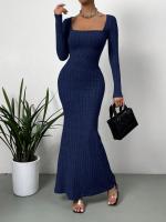 Vestido De Mujer De Punto Con Cuello Cuadrado Y Cintura Definida Estilo Preppy Midi Para Otoño E Invierno 2024 - details 7