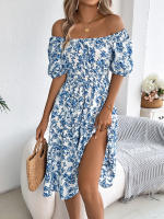 Vestido Elegante De Primavera Y Verano Para Mujer Con Estampado Floral Cuello Cuadrado Manga Corta Volante Al Borde Vestido A-Line De Rodilla Casual - details 10