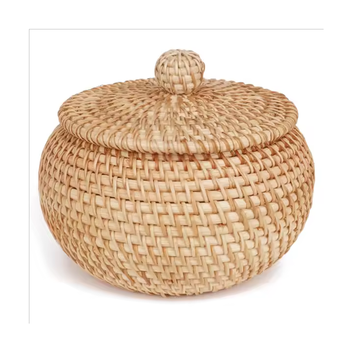 Cesta redonda de ratán con tapa, cesta de almacenamiento de ratán con tapa, cesta de comida de pan, cesta de aperitivos de frutas para estante de mesa - 1