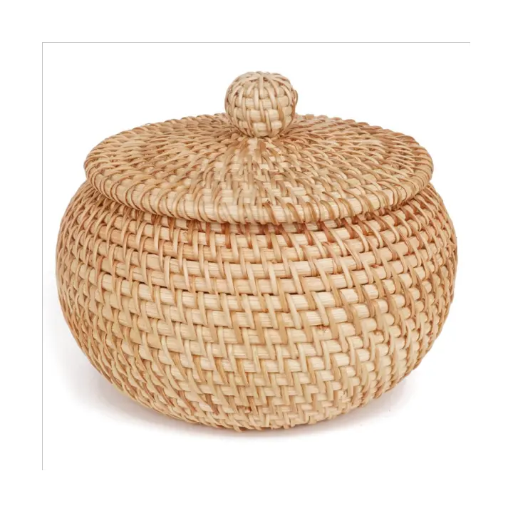 Cesta redonda de ratán con tapa, cesta de almacenamiento de ratán con tapa, cesta de comida de pan, cesta de aperitivos de frutas para estante de mesa - 1