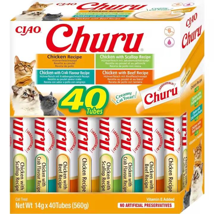 CHURU – INABA,  40 UNIDADES MIX Variedades de Snacks Sludables Base De POLLO, Premio para Gatos, Premio Delicoso, Snack Liquido - 1