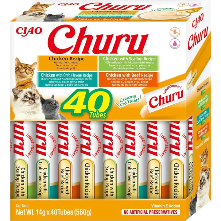CHURU – INABA,  40 UNIDADES MIX Variedades de Snacks Sludables Base De POLLO, Premio para Gatos, Premio Delicoso, Snack Liquido - 1