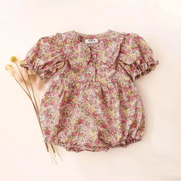 Babero De Verano Para Bebé Niña Con Estampado Floral Camiseta Corta Algodón Romper Unipiece Para Recién Nacidos Estilo Cute - 1