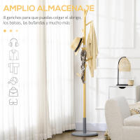 HOMCOM Perchero de Pie de Bambú Perchero de Entrada Recibidor con 8 Ganchos para Colgar Ropas Bolsas Perchero en Forma de Árbol Ø37,8x175,6 cm Natural y Gris - details 1