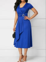 Vestido De Fiesta Midi Para Mujeres Elegante En Color Sólido Con Cuello En V Y Cintura Definida Vestido De Noche De Manga Corta Asimétrico - details 7