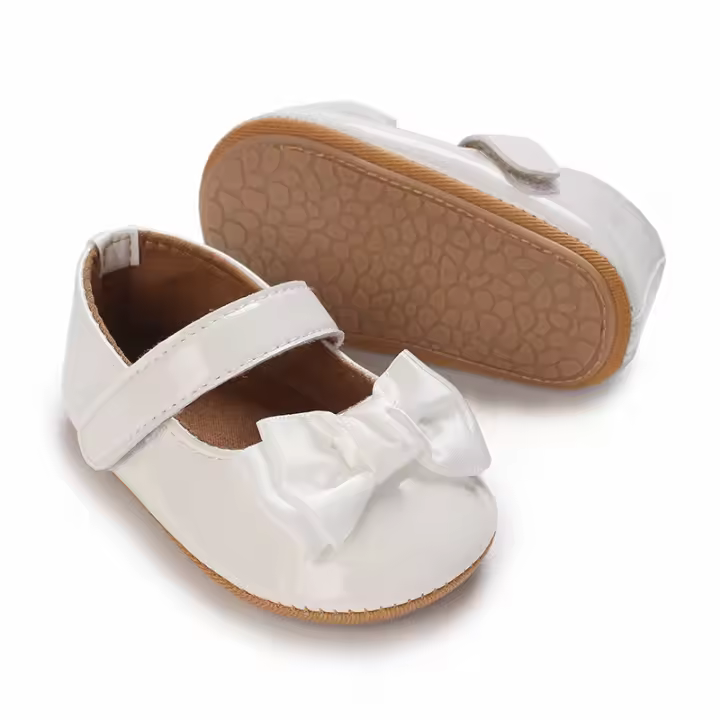 Zapatos De Princesa Para Bebé Niña Con Lazo PU Suave Suela Primera Caminata 0-18M Blanco Walker De Primer Paso Con Buitre Y Cierre De Correa - 1