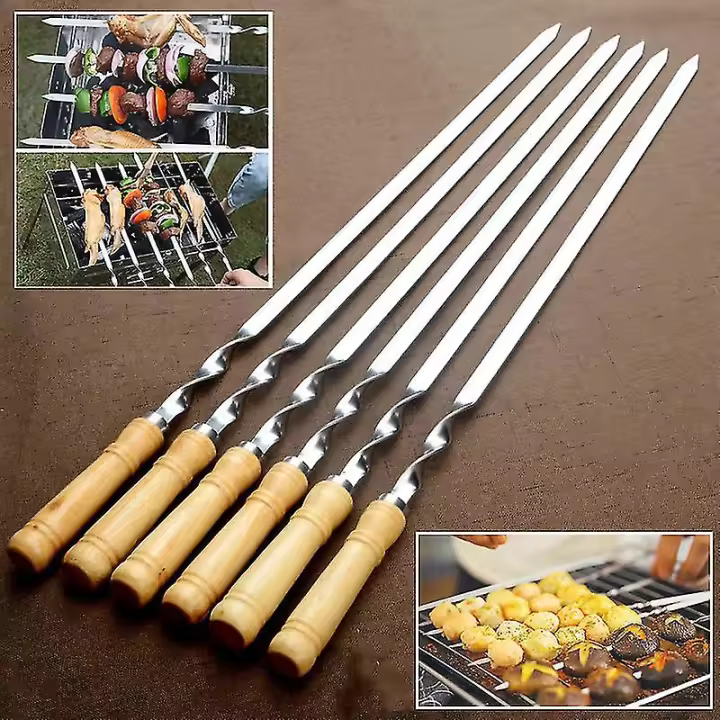 6 piezas de acero inoxidable barbacoa pinchos planos al aire libre PARRILLA mango largo palo - 1