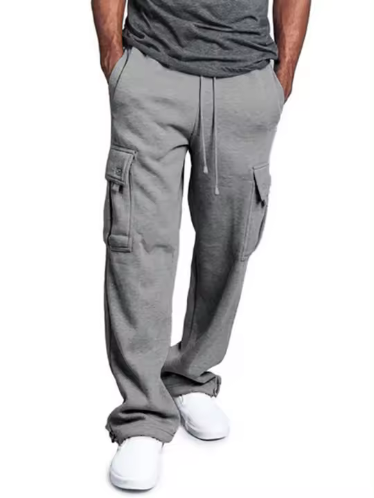 Pantalones De Sudor Para Hombre Estilo Recto Ajustables Para Deporte Y Calle Largos Suelto Con Cinturón Y Bolsillos Multípleulos - 1
