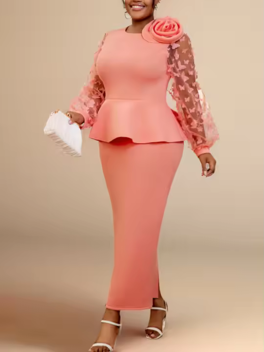 Vestido Largo Elegante De Iglesia Para Mujer Con Mangas Lanternas Y Flores 3D Vestido Clásico Grande Para Invitadas De Boda Polyester Spandex Sin Cierre - 1