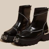 Botas Cortas De Terciopelo Para Mujer Invierno Con Tacón Cuadrado Y Suela Gruesa Zapatos Confortables Y Moda Tobilleras Cálidas Y Elegantes - details 3